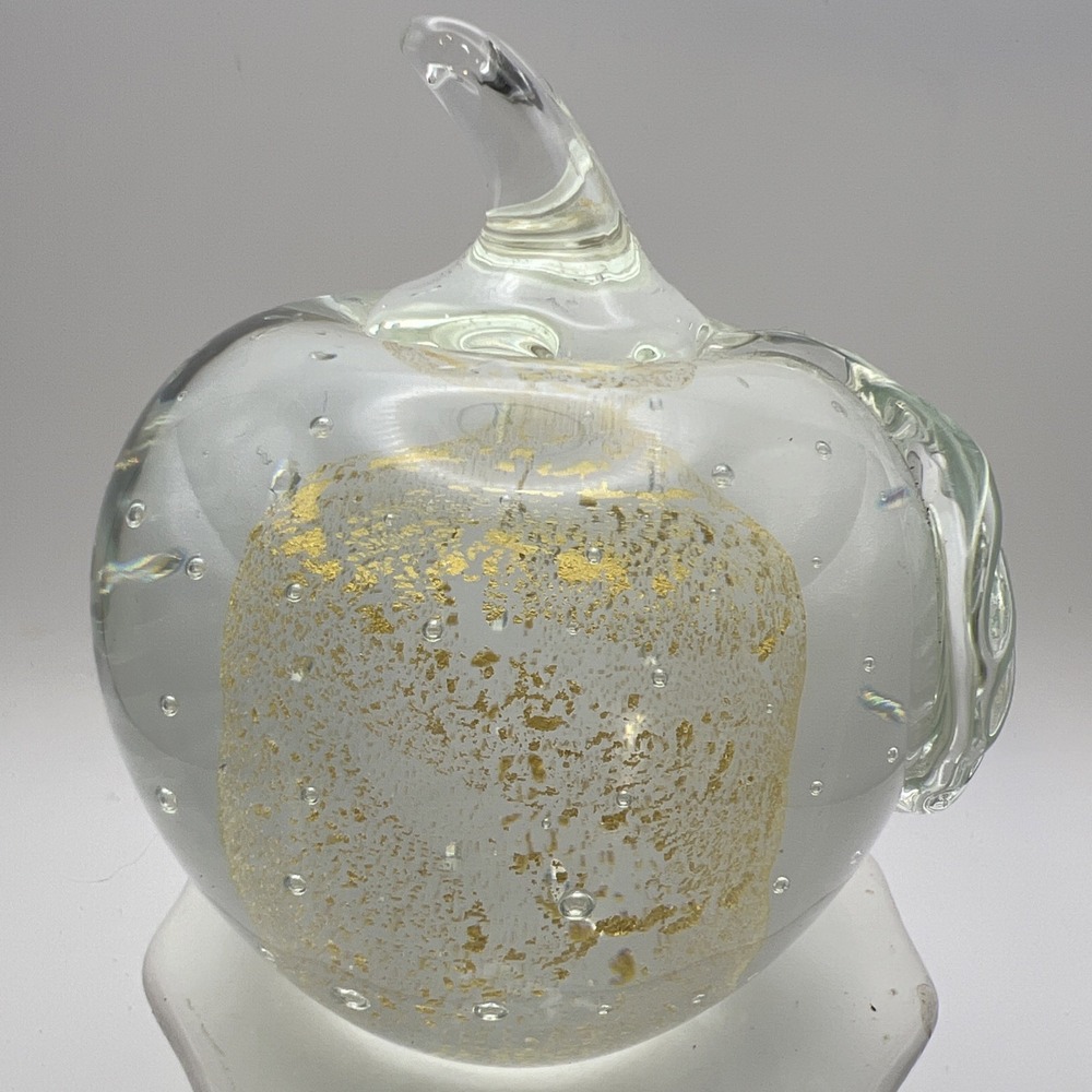 VTG Art Glass Apple Clear Inside Gold Leaf Apple Form Paperweight Air Bubbles 4"